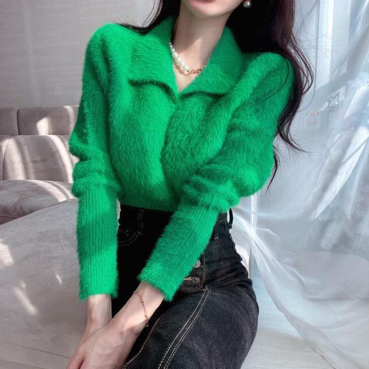 Temperament Celebrity Imitation Mink Sweater Women's Autumn and Winter Lapel Collar Foreign Style Waist Design Knitted Sweater Short Top