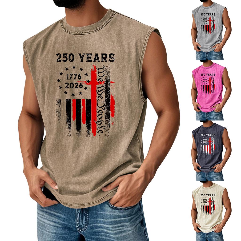 Men's Printed Round Neck Distressed Top Casual Comfort Vest