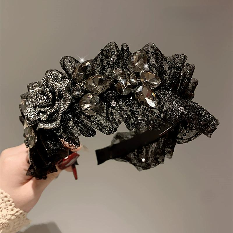 Luxury Korean Style Women Black Lace Hairband with Rhinestone Flower Headband Wide Edge Hair Clip Female Hairpin New Headwear