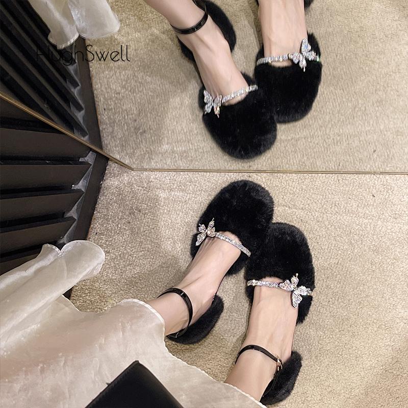 Fashion Bling Rhinestone Butterfly Belt Mink Fur Sandals Woman Elegant White Fluffy Ankle Strap Pumps Ladies  Low Heel Plush Party Shoes