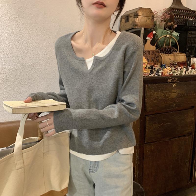 Spring New Design Sense Lazy Wind Fake Two-piece Neck Knitted Sweater Women's Casual and Thin Commuter Primer
