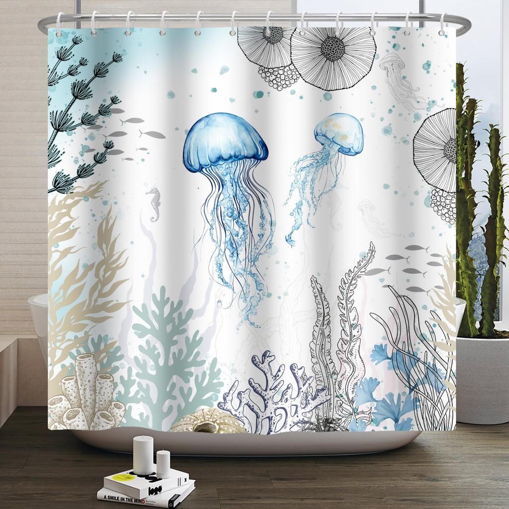 Sea Animals Shower Curtains Cute Dolphin Jellyfish Turtle Starfish Shell Coral Bathroom Bath Curtain Bathtub Privacy Partition