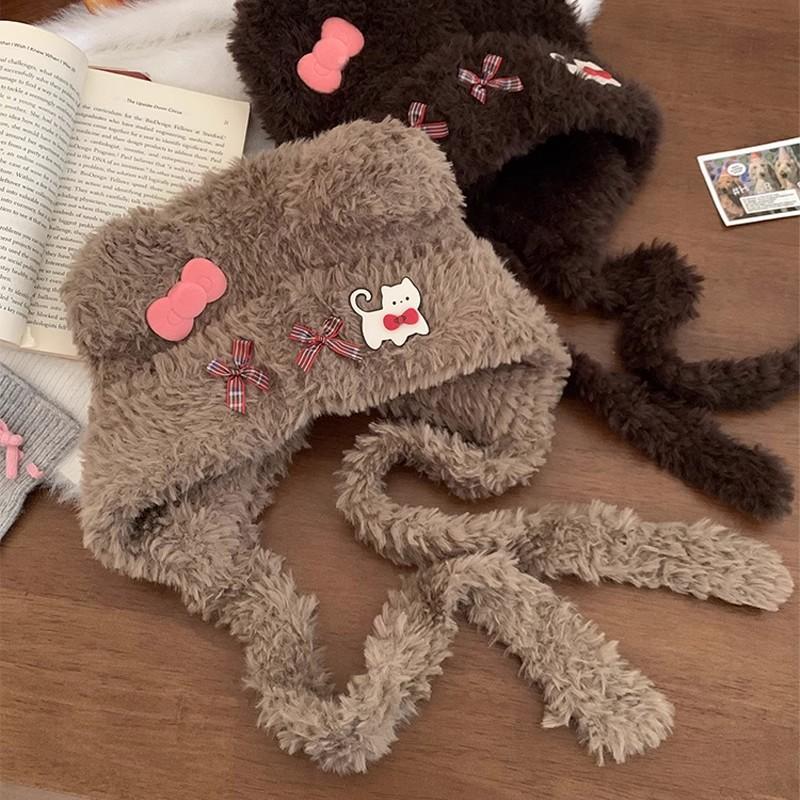 Cute bow bear cat plush hat female autumn and winter show small face warm ear protection big head circumference hat