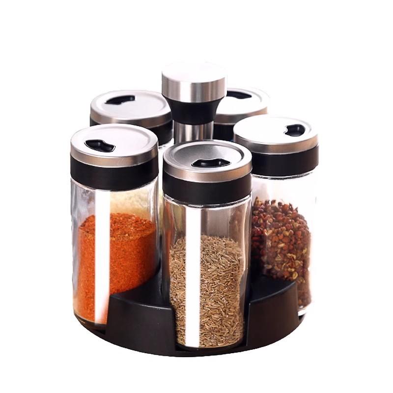 Rotating Stainless Steel Glass Seasoning Bottle, Salt and Pepper Shakers, Seasoning Box, Kitchen Seasoning Tool, Storage Rack