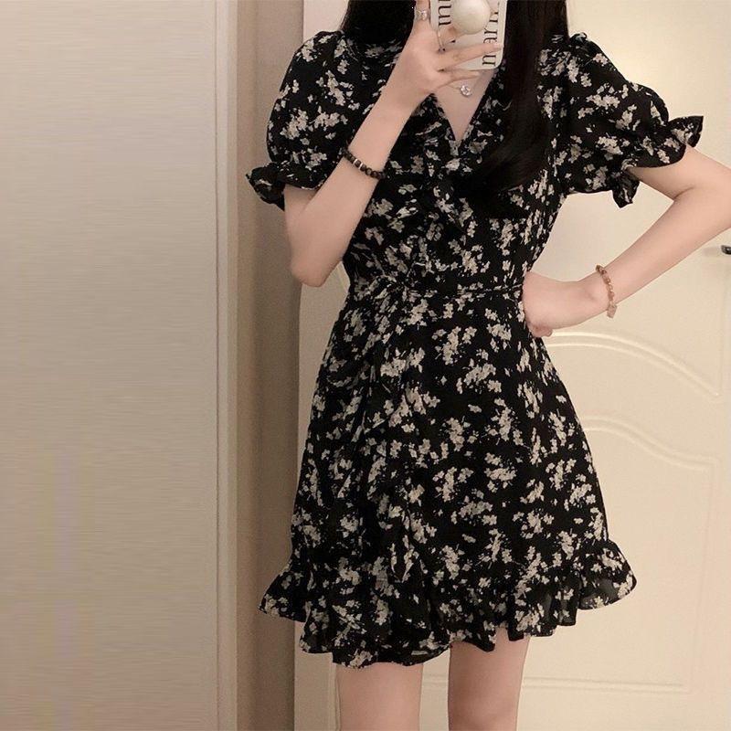 Black Floral Dress Looks Thin Summer New Skirt French Waist Lotus Leaf Short Skirt Tie-dye