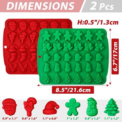 Christmas Candy Molds, 2 Pcs 30 Cavity Christmas Gummy Molds, Silicone Christmas Chocolate Molds, Red & Green