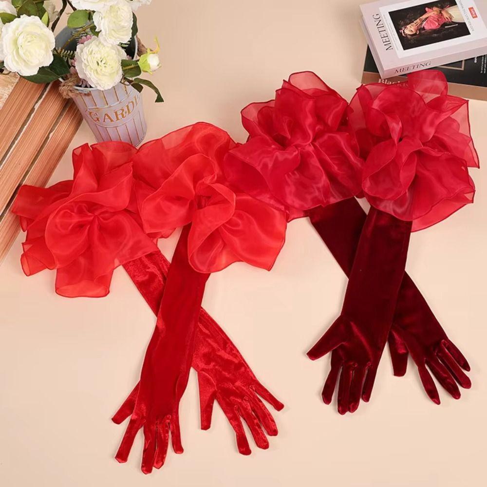 Organza Flower Long Gloves Elastic Wedding Bridal Gloves Retro Ruffles Velvet Mittens  Women
