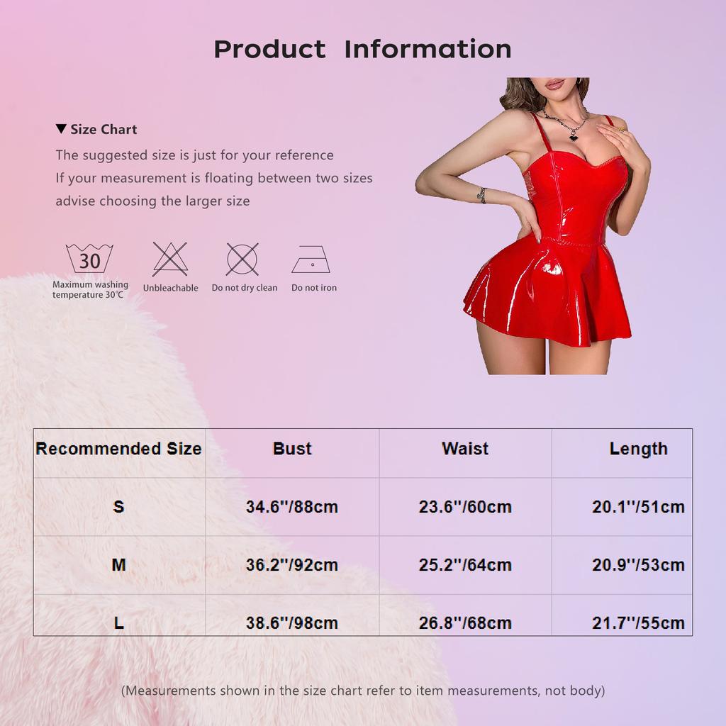 Womens Wet Look Patent Leather Mini Dress Bunny Girls Cosplay Clubwear Sweetheart Back Cutout A-Line Sexy Bodycon Mini Dress