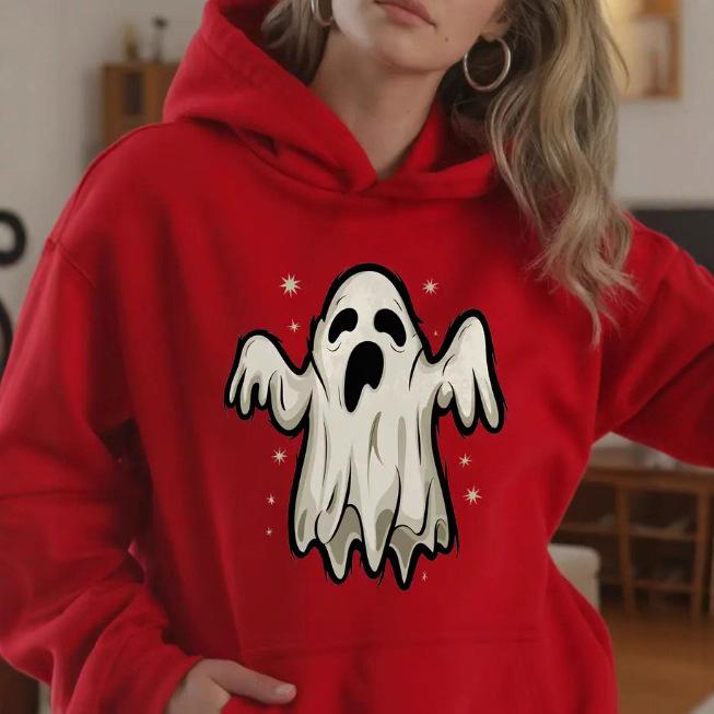 Ladies Spring Autumn Casual Hooded Long Sleeve Big Pocket Halloween Ghost Printed Pullover Hoodies Sweatshirt Top