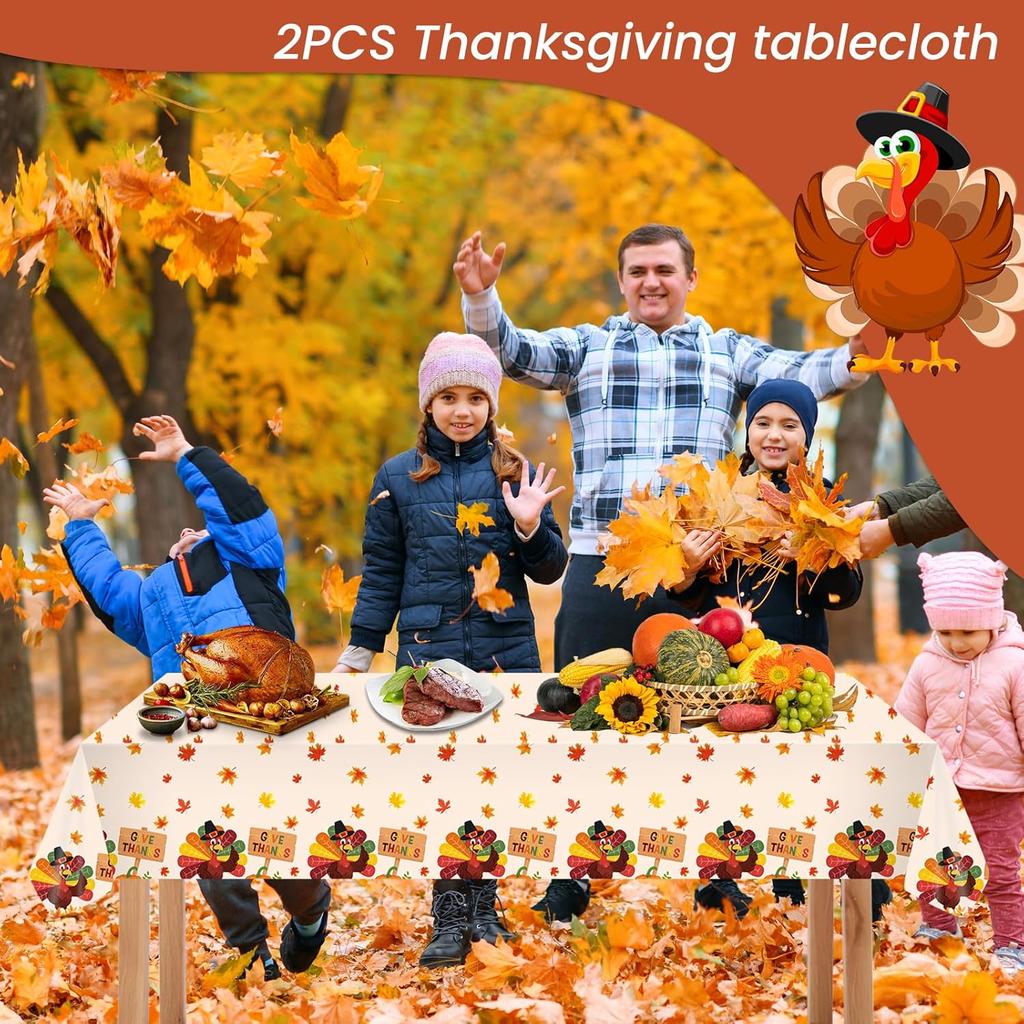 2PCS Thanksgiving Turkey Tablecloth Set, Disposable Plastic Rectangle Table Cover for Holiday Dining Decor, Festive Autumn Leaves Fall Theme, 54" X