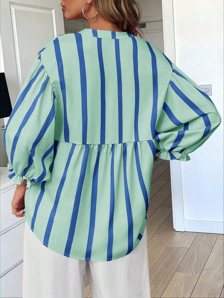Womens Summer Striped Puff Sleeve Babydoll Blouse V Neck Loose Fit Top