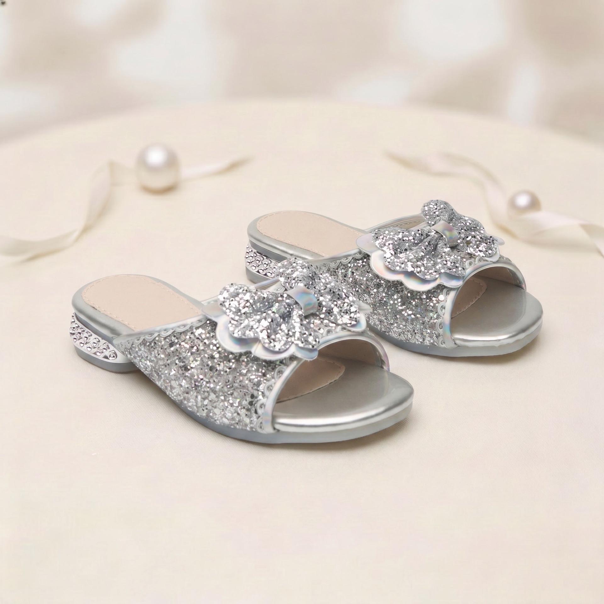 Girls  Open-Toe Sequin Bow Sandals with Soft Sole 28 серебряный