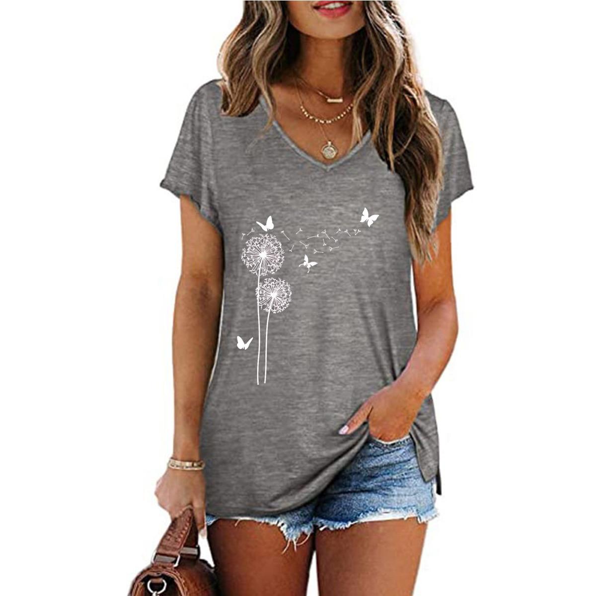 

Fashion Spring Dandelion Print Blouses Short Sleeved V-Neck T Shirts Casual XS чёрный