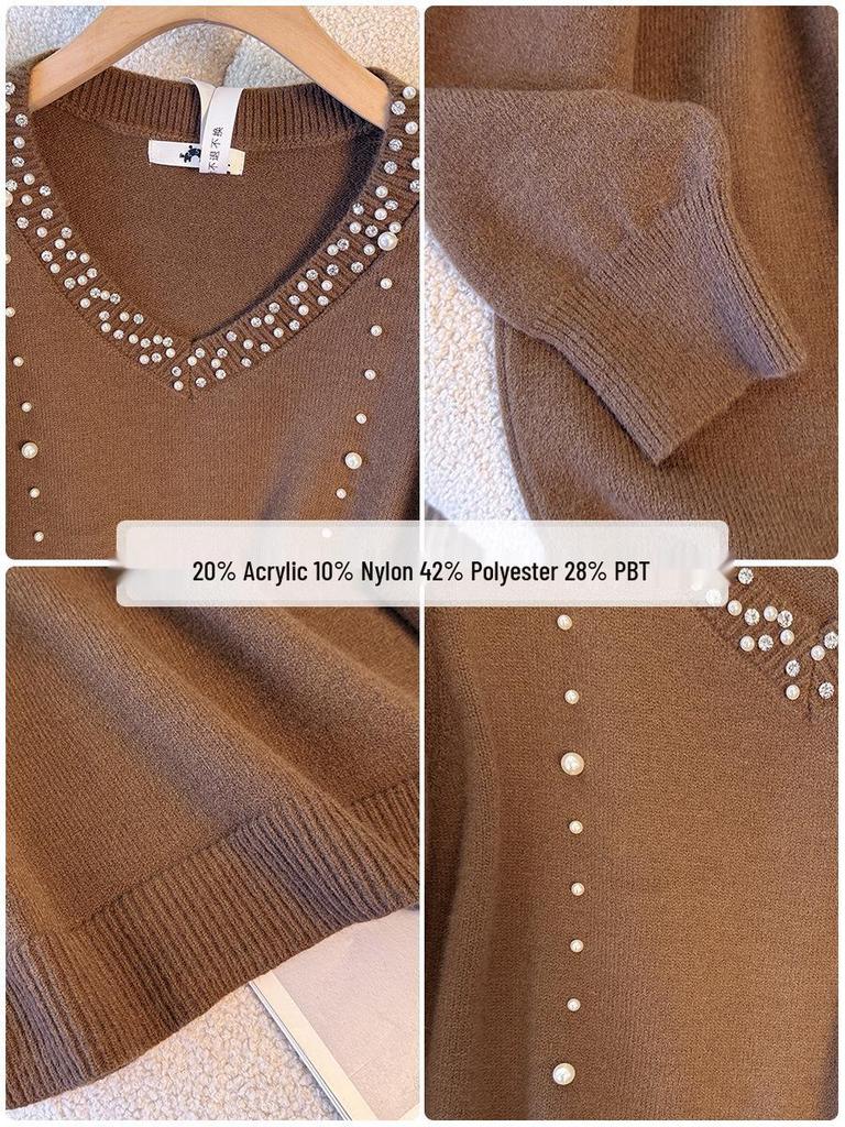 Plus Size Women's Winter Rhinestone V-neck Sweater: Stylish Layered Outerwear for 130-350 Jin