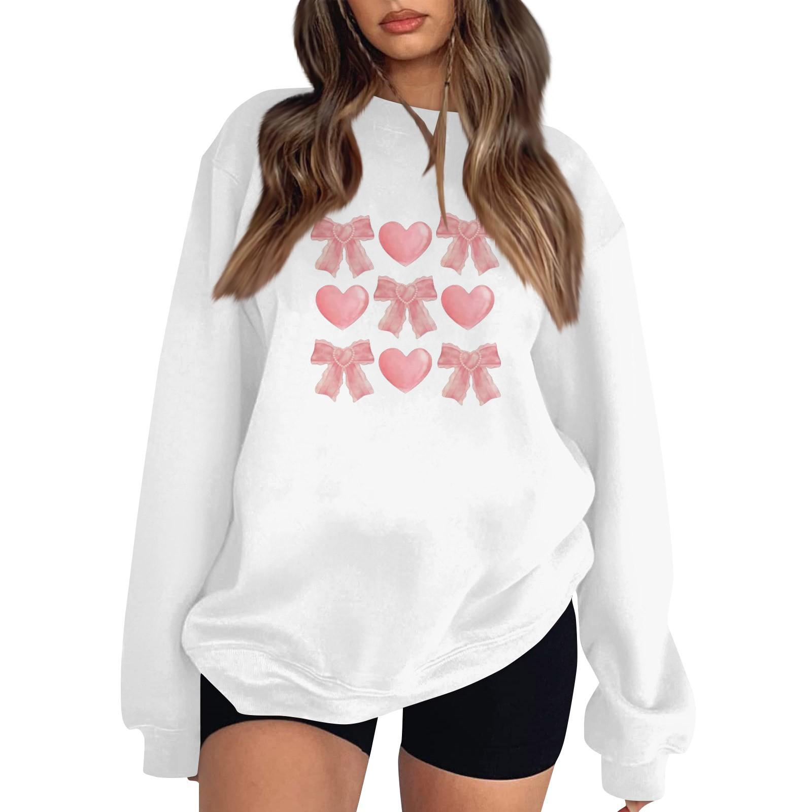 

Women s Fashion Long Sleeve Loose Bowknot Printed Round Neck Sweatshirt XL білий