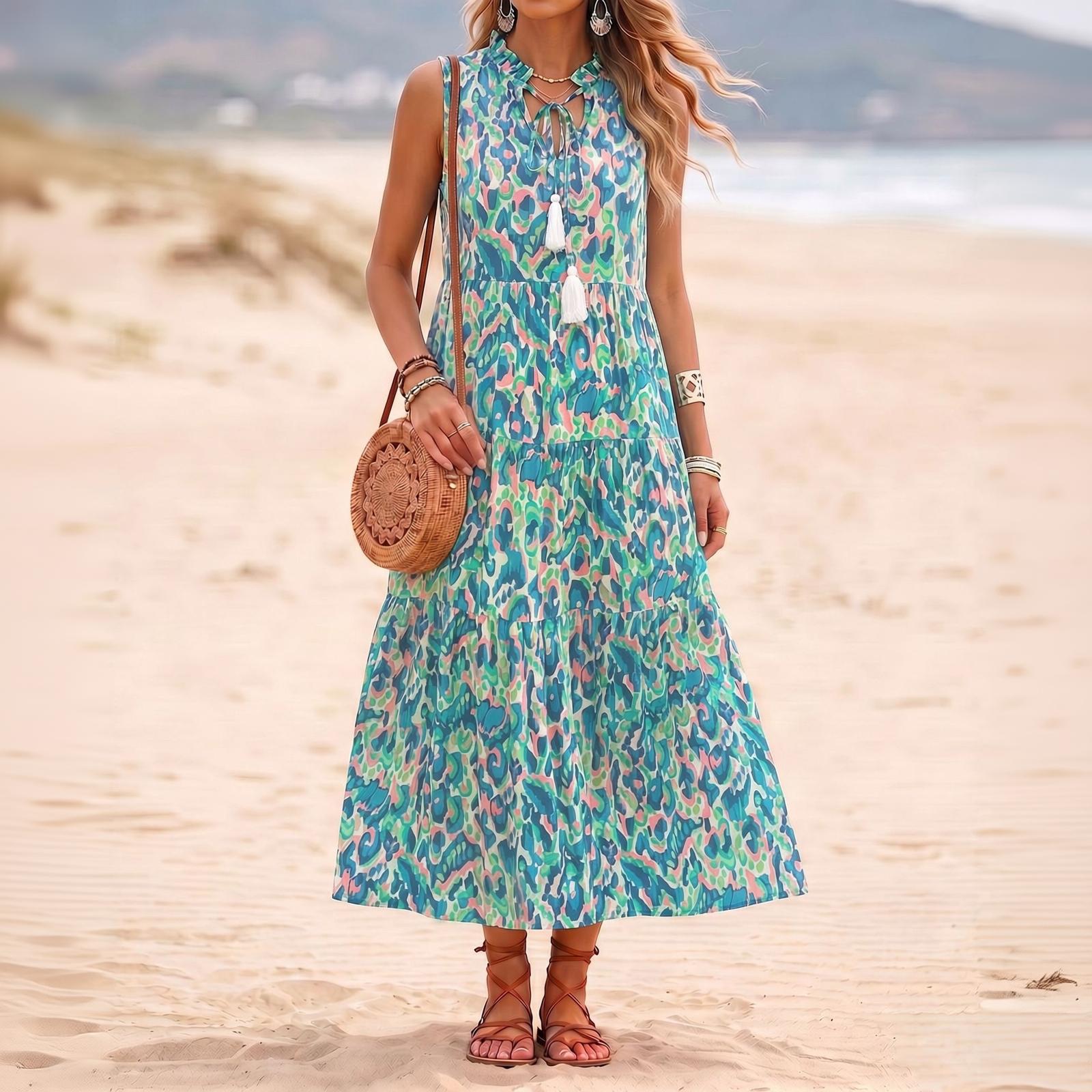 Women s Sleeveless V-Neck Loose Fit Tie Dress with Print L зелёный