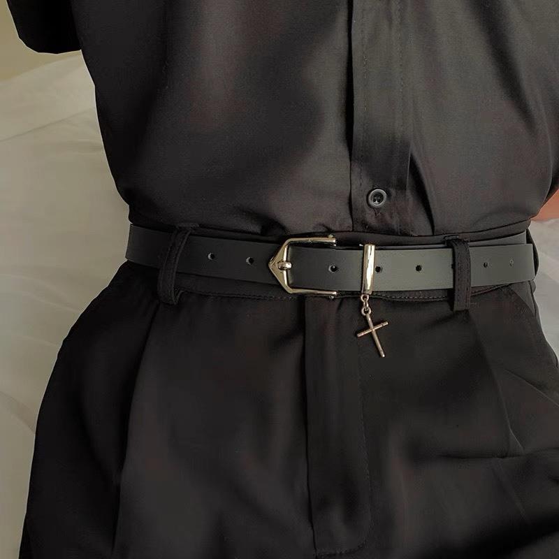 Punk Cross Pendant Jean Pants Belt  Retro Men Woman Waist Strap Pu Leather Metal Pin Buckle Hip Hop Waistband