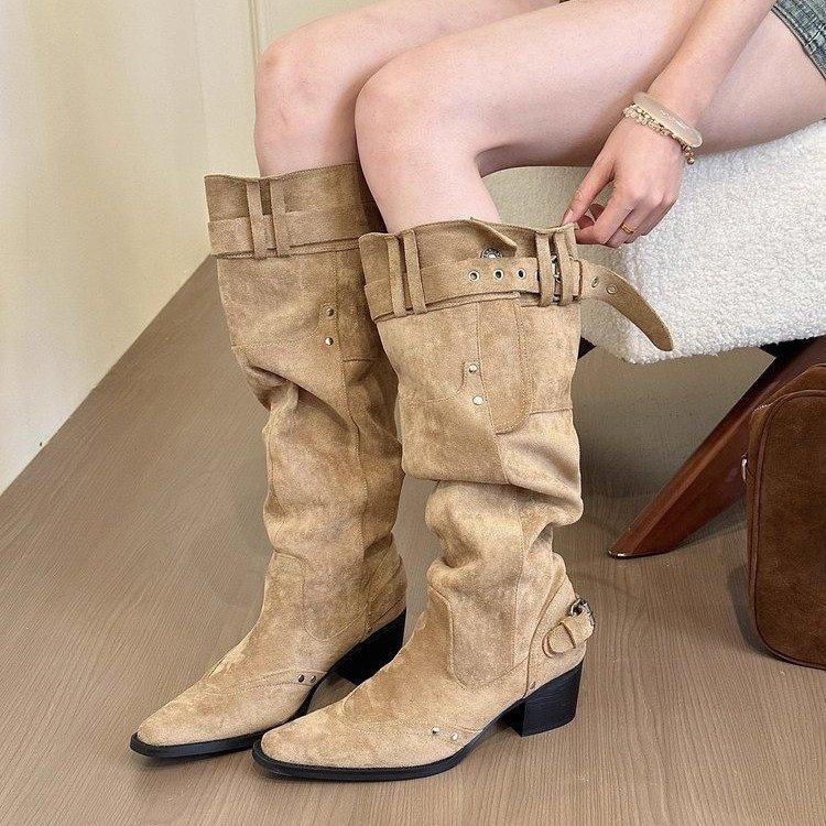 Aber Kniestiefel Kinder 2025 Herbst und Winter Khaki Wildleder spitze Stiefel Kinder dicker Absatz dünne plissierte Stulpenstiefel