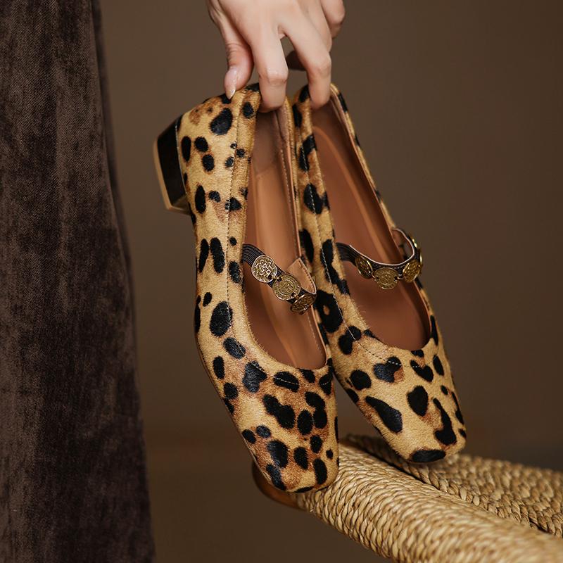 Fashion 2025 Spring Women Pumps Square Toe Low Heel Horsehair Women Shoes Leopord Shallow Button Mary Janes Ladies Shoes
