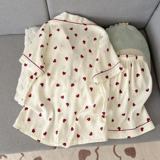 2-teiliges Damen-Pyjama-Set Herzstreifen Kurzarm Knopfleiste Elastischer Bund Lockere kurze Hose Sommer Nachtwäsche Loungewear