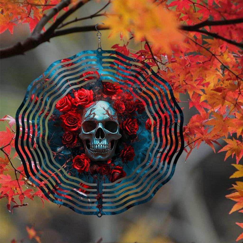 Kaijit - 1pc Mandala Inspired 2D Rose Skull Pattern Wind Spinning Wind Chime, Garden & Patio Decoration - Metal Hanging Ornament, No Battery Required