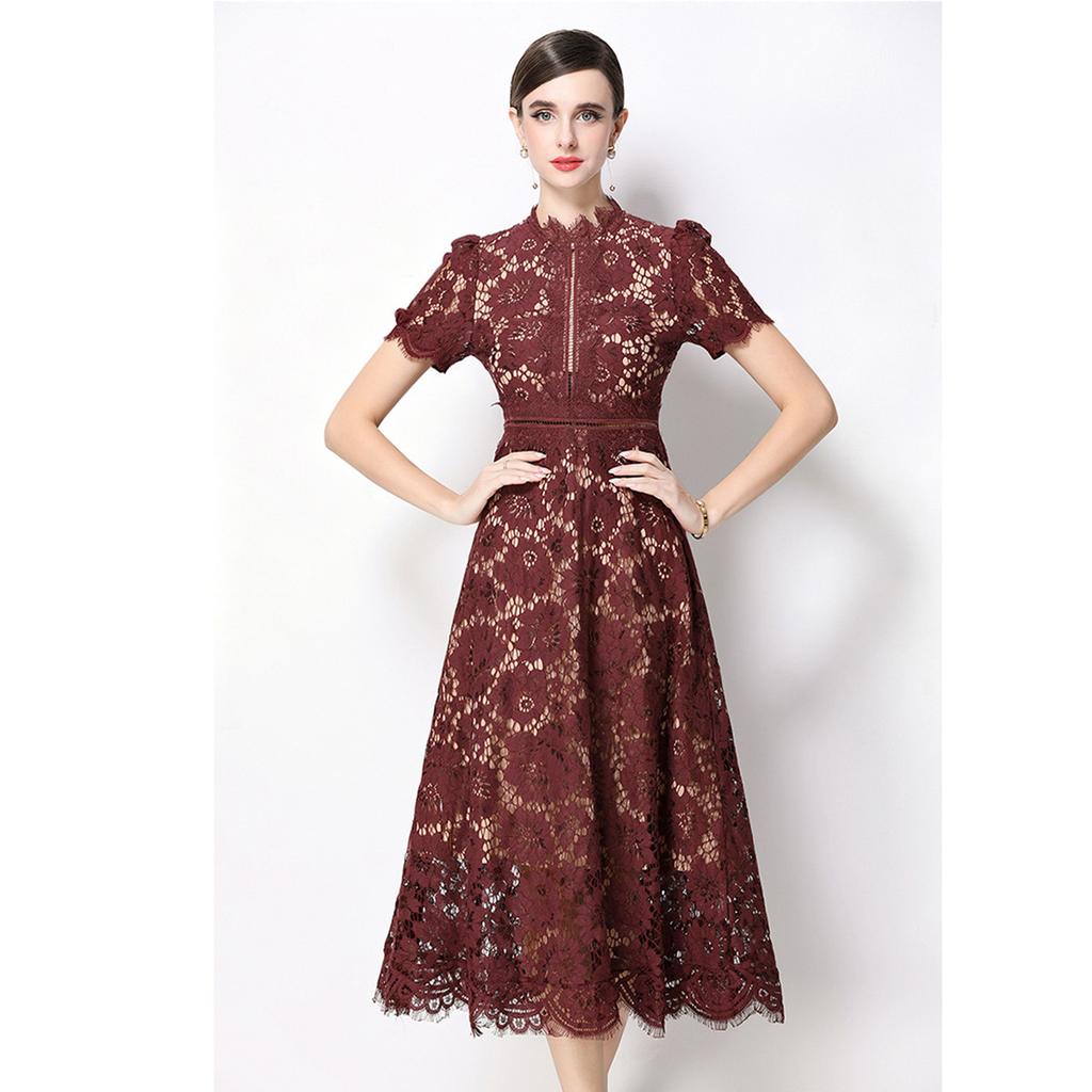 High Quaity Solid Lace Hollow Out Summer Dress for Women Elegant Stand Collar Short Sleeve Slim Midi Dresses