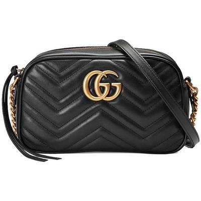 Borsa a tracolla GG Marmont in pelle nera trapuntata a chevron per fotocamera da donna per uso quotidiano