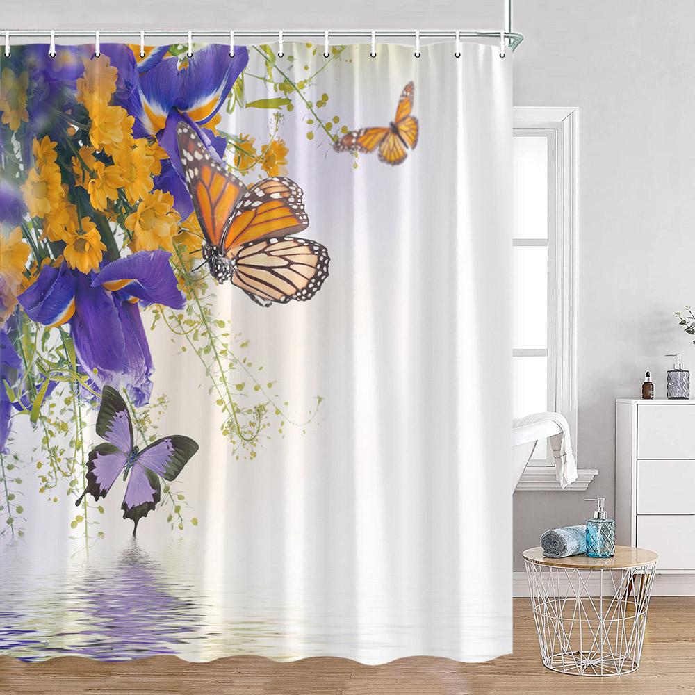 Butterfly Shower Curtains Multicolored Flowers Pastoral Floral Bathroom Decorations Rustic Polyester Bath Curtains with Hooks