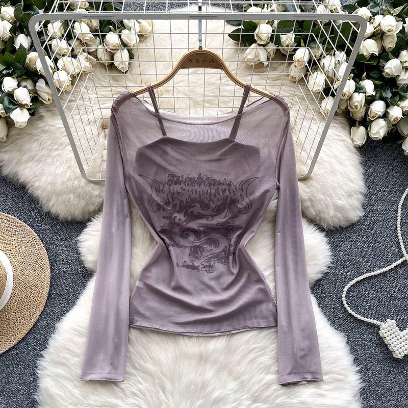 Stylish Bandage Dress Two-piece Set Women's Fashion off-the-Shoulder Long Sleeves Thin Print Mesh T-shirt + Bottoming Shirt Camisole