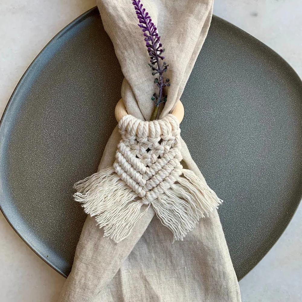 Boho  Napkin Rings with Wooden Ring, Handmade Woven Fringe Napkin Holders for Rustic Wedding, Party & Farmhouse Table Decor