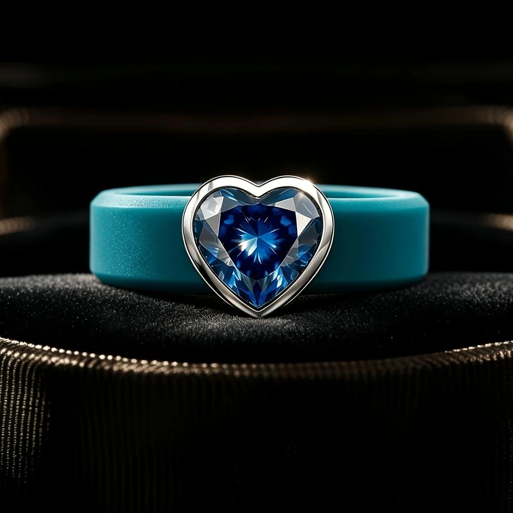 Blue Silicone Ring Heart Blue CZ, Soft Stretchable Band, Hypoallergenic Waterproof Sweatproof Jewelry for Women Daily Use