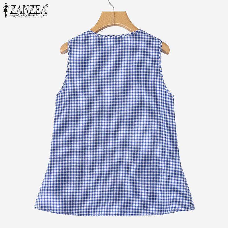 ZANZEA Women Casual V-Neck Summer Plaid Print Tank Tops