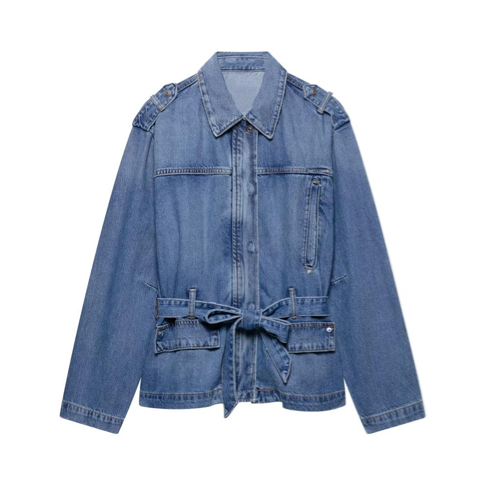 

2025 Spring/Summer Women s Slim Fit Denim Jacket with Belt and Lapel Extra Small