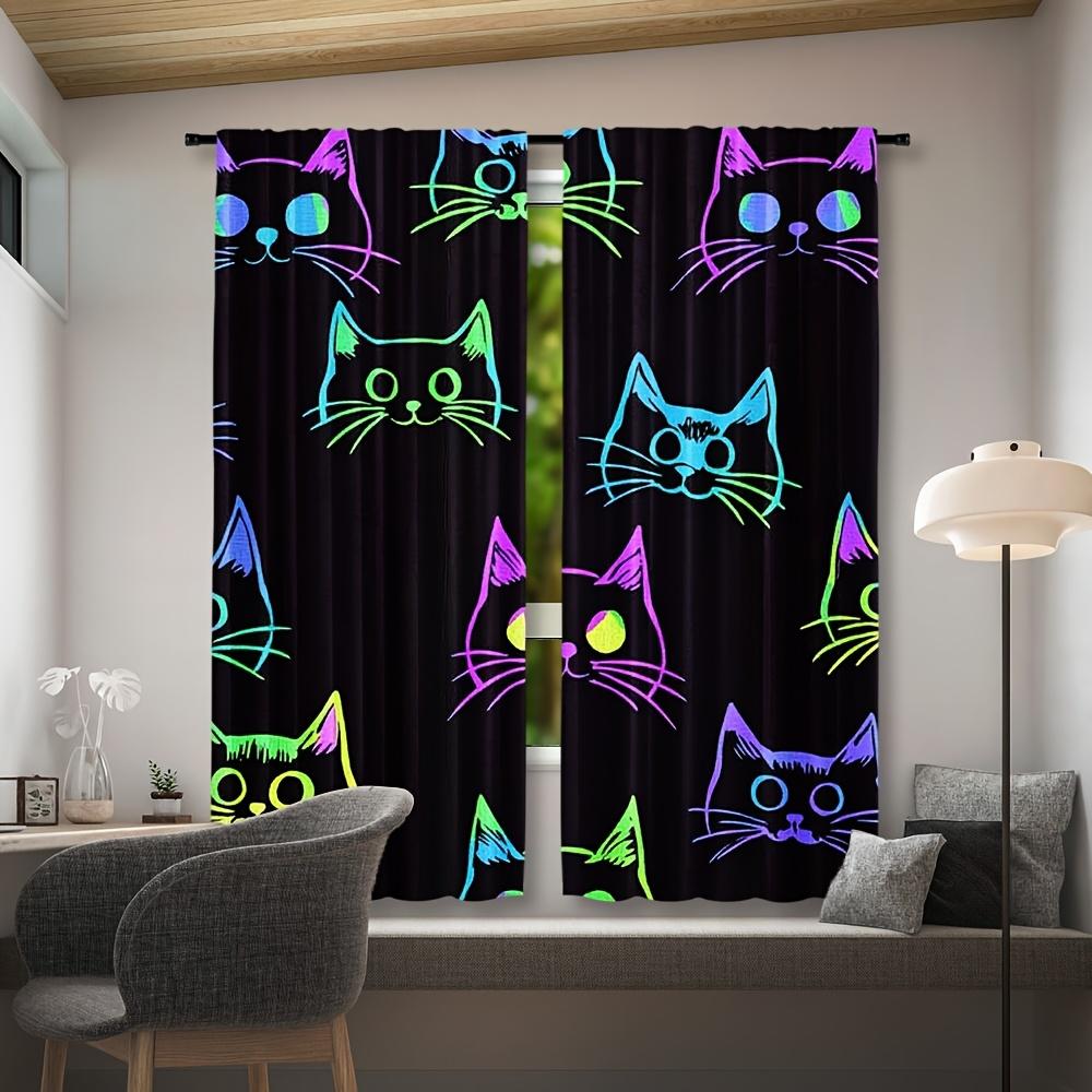 Set Of 2 Fluorescent Cat Print Curtains Installation Polyester Drapes Bedroom Living Room Curtain Sheer For Great Made With Rod Pocket