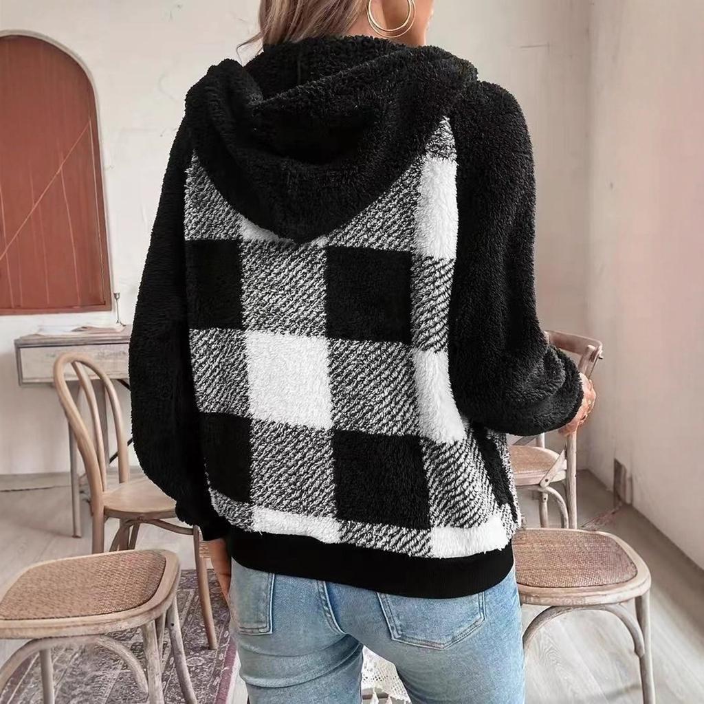 Women's Fashion Plaid Loose Casual Long Sleeve Hooded Fleece Cardigan Zipper Jacket
