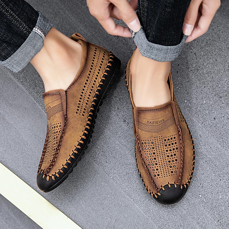 Men Loafers Brown Hiking Shoes Slip On Handmade Driving Shoes Casual Leather Wide Outdoor Summer Shoes for Father Plus Size