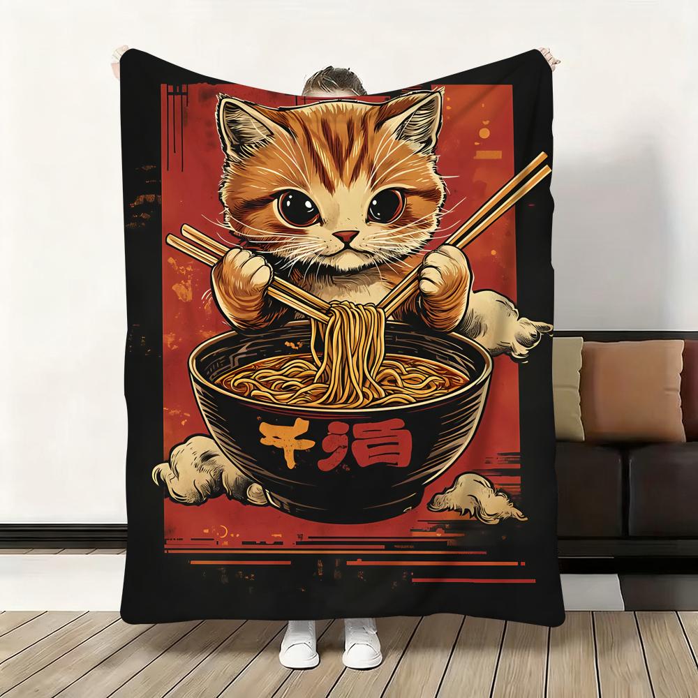 Black Cat Ramen Throw Soft Flannel Blanket Warm Knee Skin-Friendly Throw for Sofa Office Bed Traveling Winter Oversize