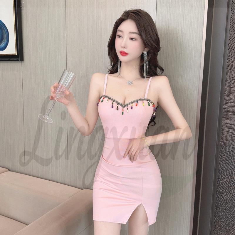 Chic V-neck Strapless Fringe Camisole Dress - Women s Slim Fit Bodycon Skirt Medium розовый
