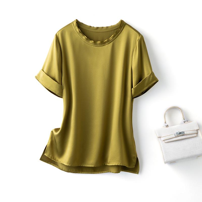 Women's Petite Summer Silk T-Shirt - Pure Color, Short-Sleeved, Mulberry Silk