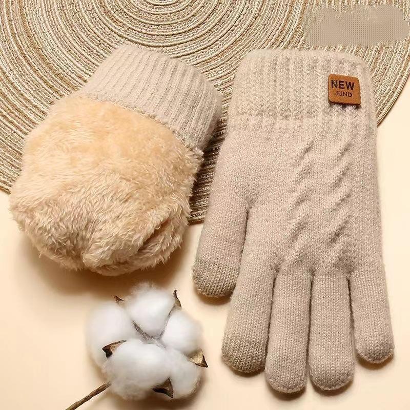 Winter Trendy Solid Color Double-layer Velvet Thickened Gloves For Women Knitted Outdoor Cold-proof Cycling Touch Screen Gloves