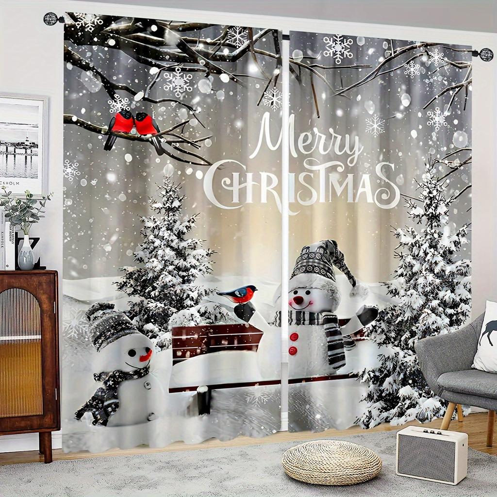 Christmas Snowman Curtains Trees Birds Polyester Fabric Perfect Living Room Decoration Curtain Machine Washable For Great
