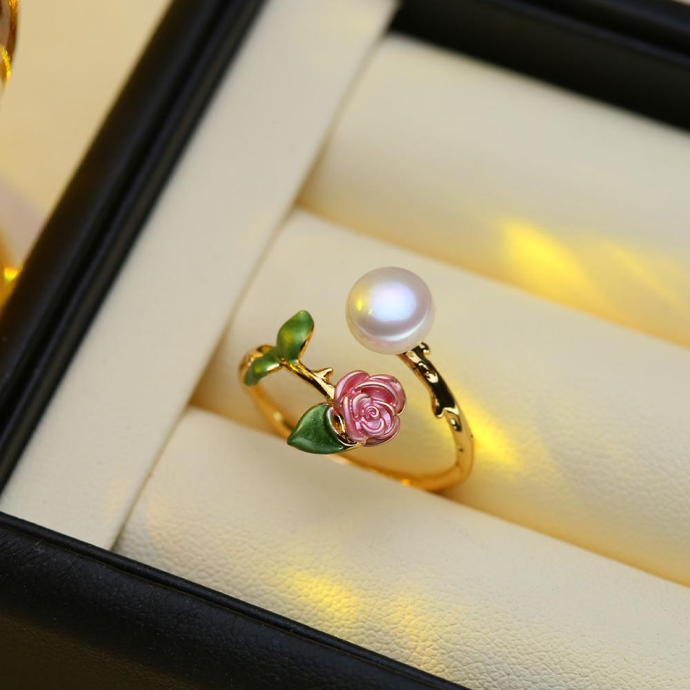 seniko Anelli di perle d'acqua dolce naturali per le donne Moda femminile Cubic Zirconia CZ Anello fiore Anello regolabile per gioielli con perle