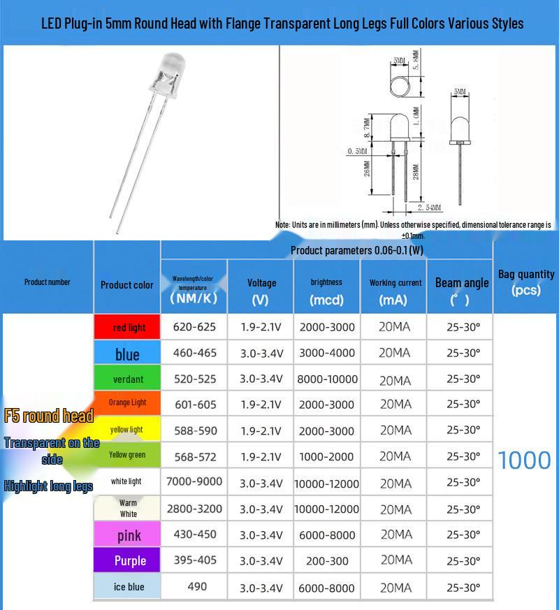 5mm High Brightness LED Lamp Beads, Transparent, Multi-color, Round Head, Long Leg, Direct Plug