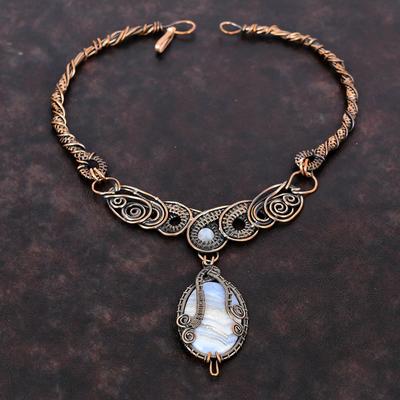 Blue Lace Agate Necklace Copper Wire Wrapped Necklace Rainbow Moonstone Gemstone Necklace Amazing Copper Jewelry For Gift Handmade Necklace