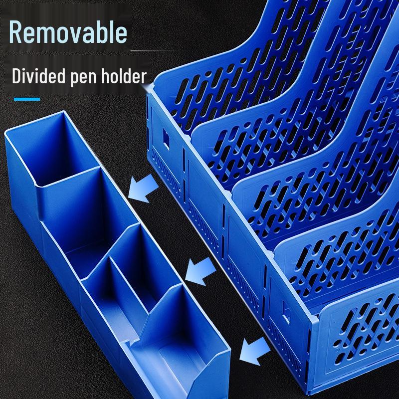 Four-compartment file organizer, office supply storage rack, student bookshelf, desktop stationery holder, A4 size.