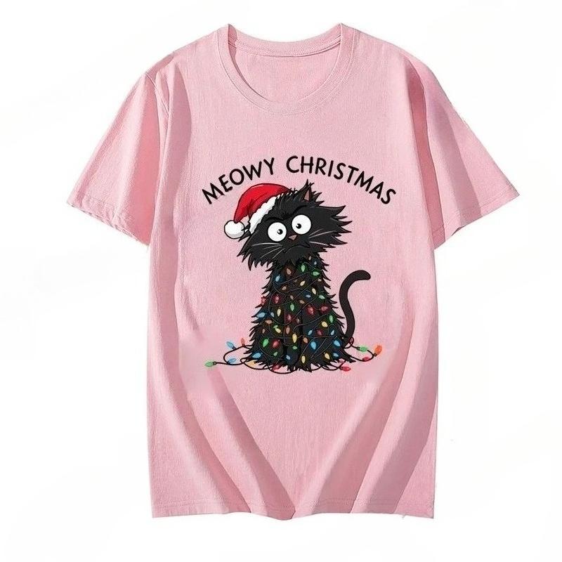 Womens casual pattern Tshirt  Meowy Christmas print Christmas short sleeved round neck Tshirt Christmas Day Tshirt