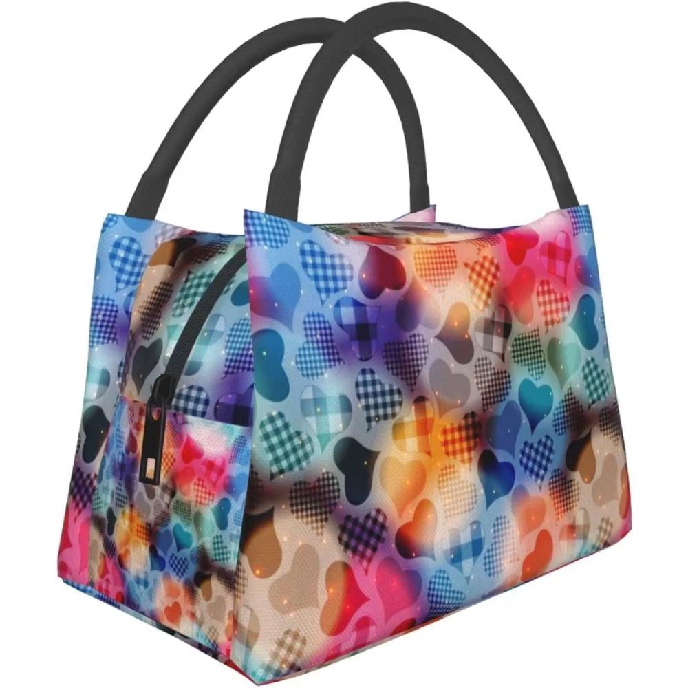 Red Heart Pattern Valentine's Day Lunch Bag Portable Reusable Insulated Lunch Box for Women Men Tote Bag for Work Travel Picnic