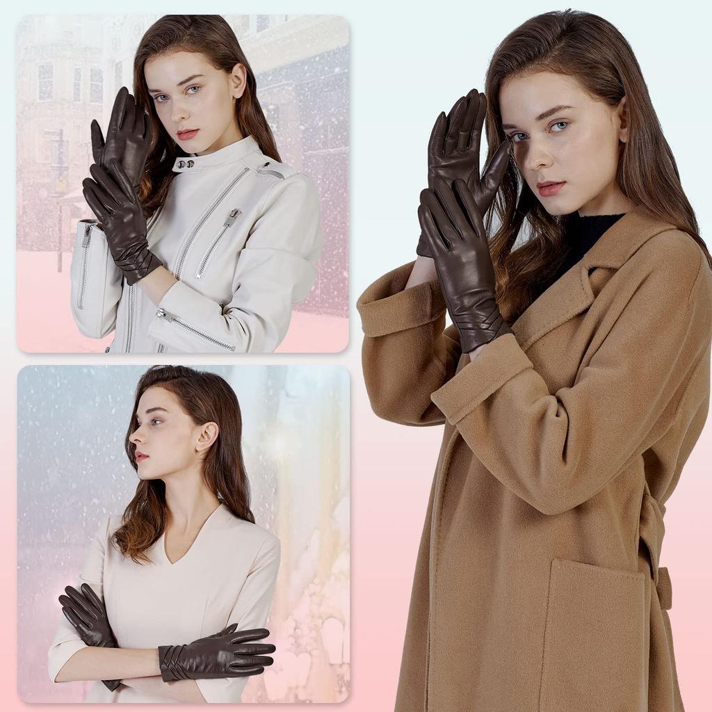 GSG Leather Smartphone Perfect for Size 13150 Women's Gloves, Compatible, Touchscreen, Driving, Winter, Warm, Motorcycles, Brown, L/8,