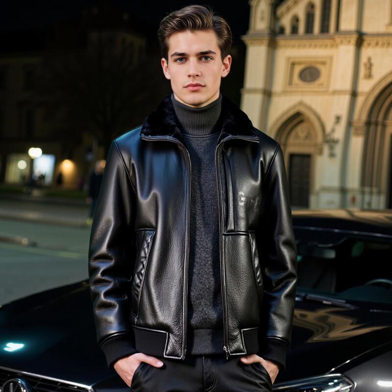 Men's Genuine Leather & Shearling Collar Jacket