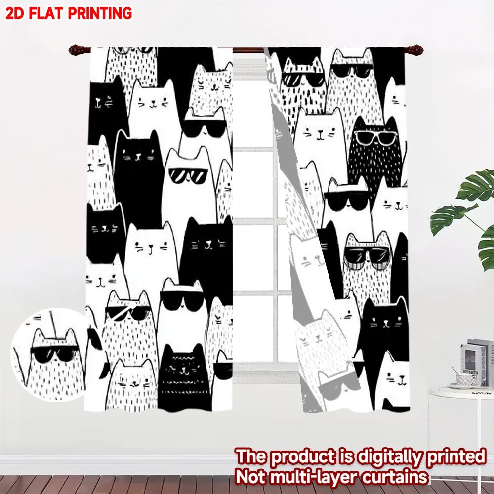 Set aus 2 flach bedruckten Happy Valentine Day Fenstergardinen Schwarz Weiß Katze Digitaldruck Polyester Festlicher Wandvorhang